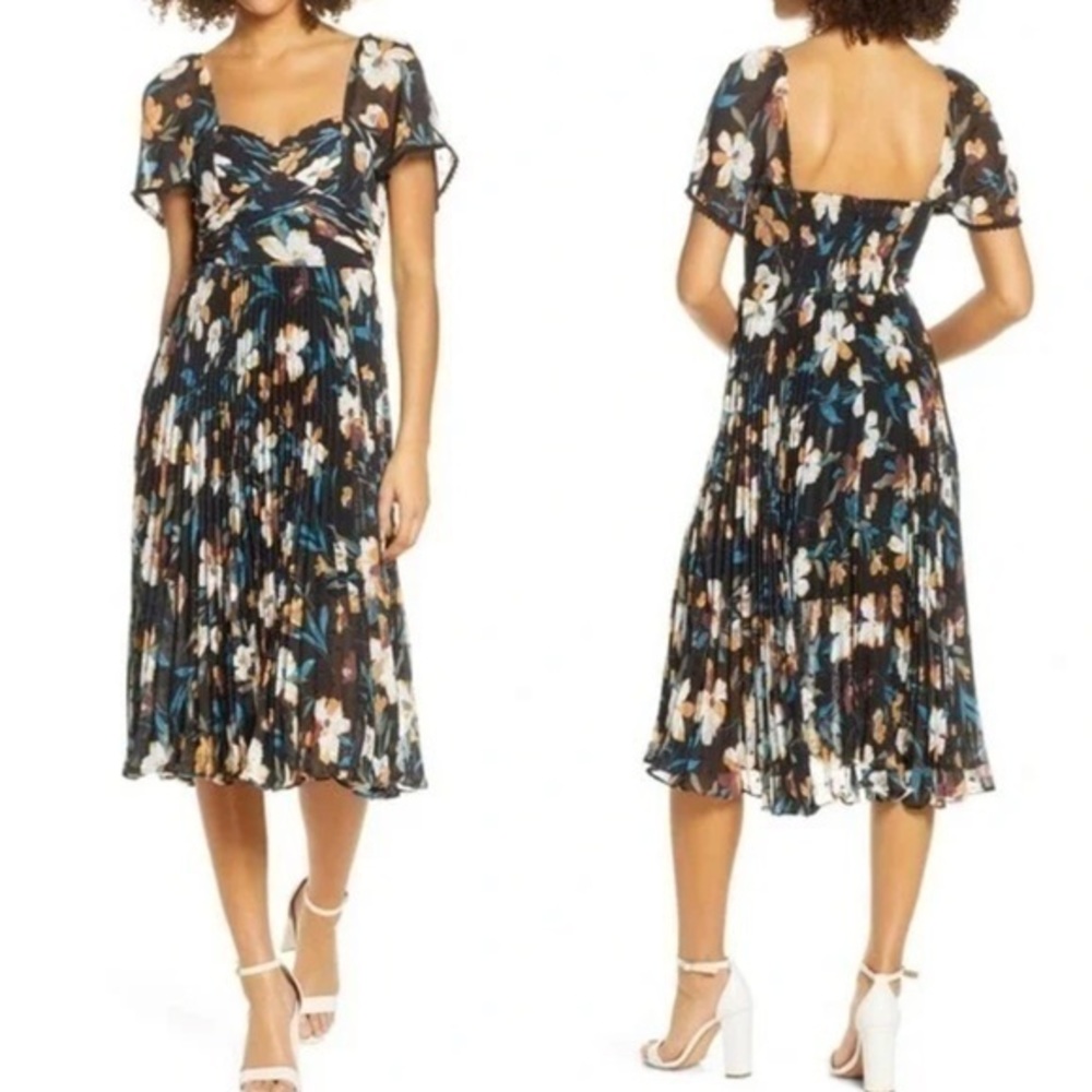 Foxiedox Floral Print Swiss Dot Accordion Pleated A-Line Honey Midi Dress